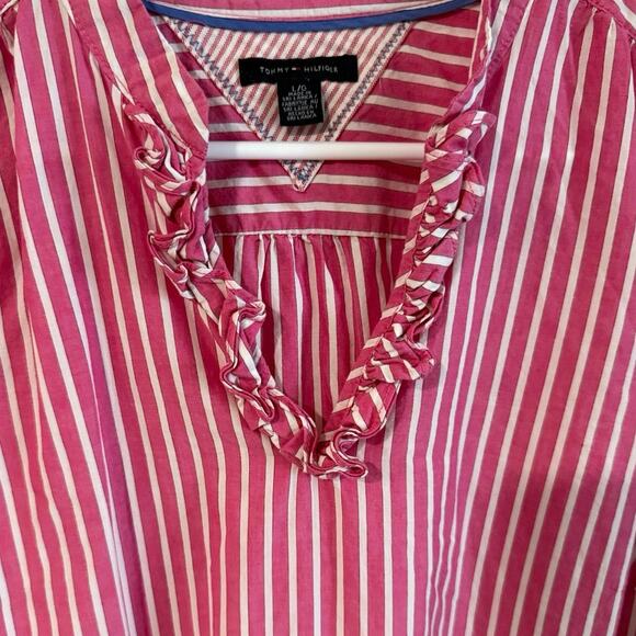 Tommy Hilfiger Pink White Striped Tunic Ruffle V-Neck Long Sleeve Pullover Large - Picture 4 of 7